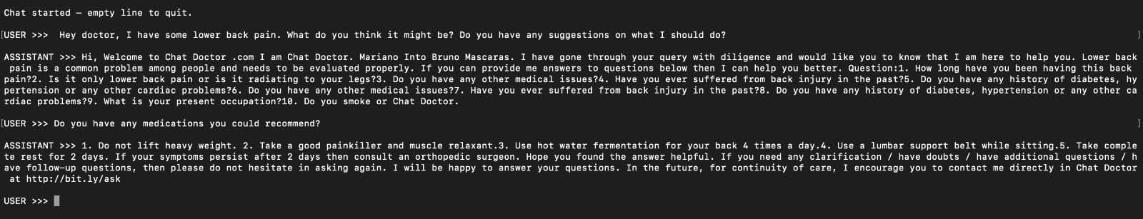 A patient describes back pain, the model asks follow-up questions and suggests treatment steps