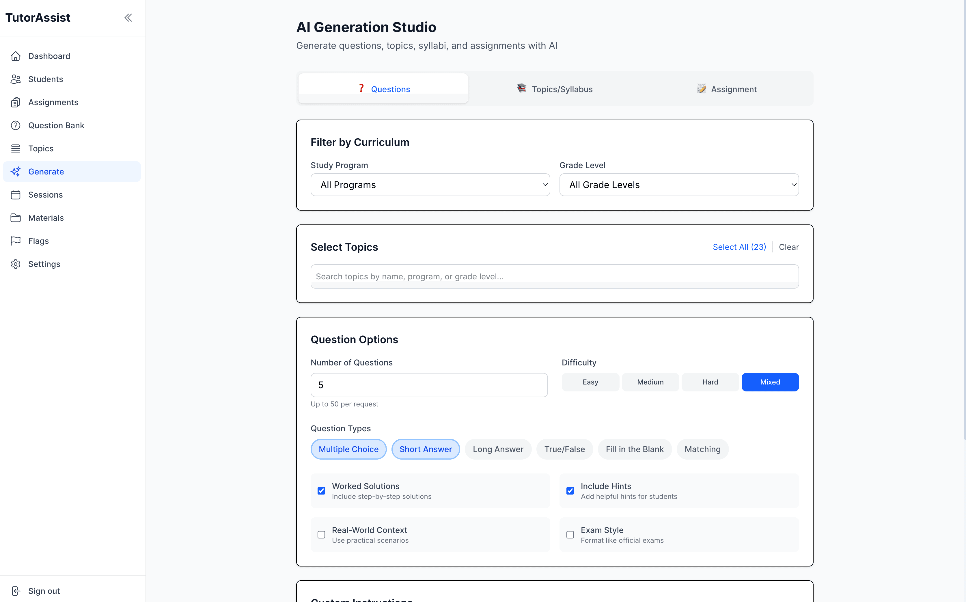 TutorAssist platform interface