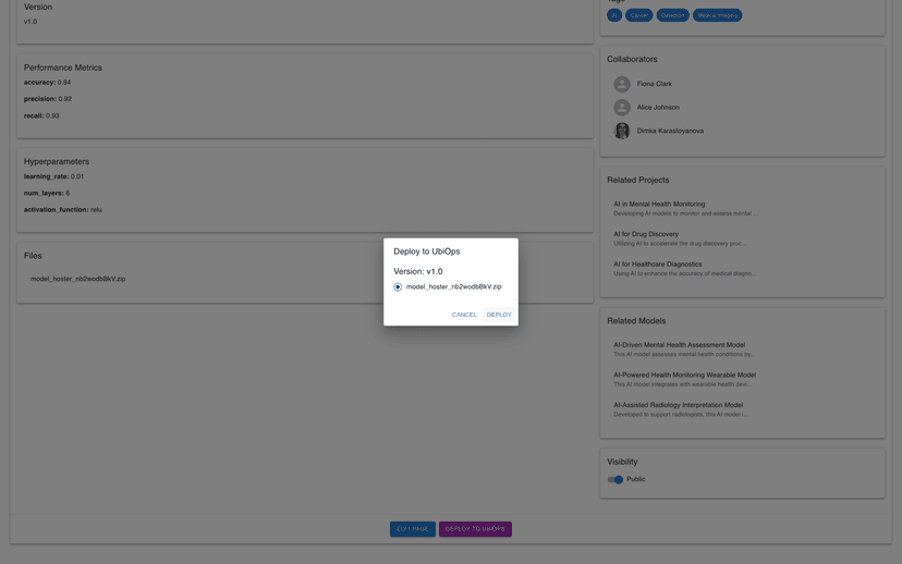 Model deployment interface with UbiOps integration