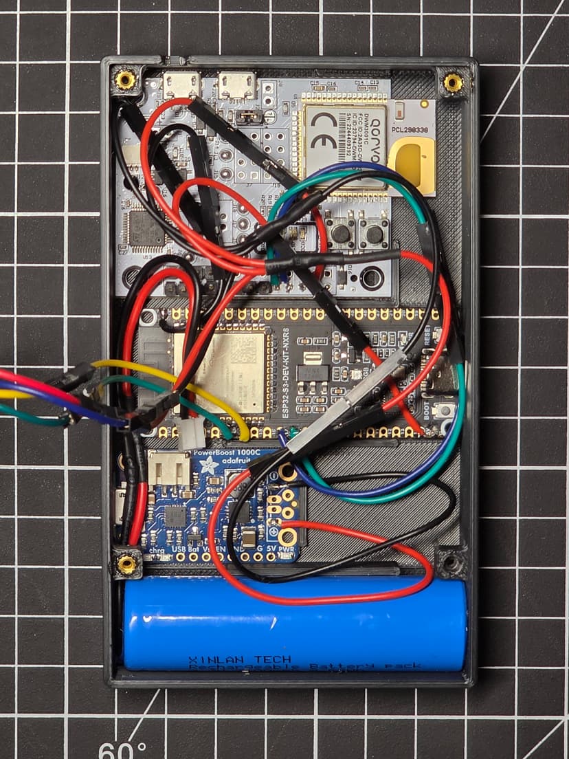 Control box internals showing Qorvo DWM3001CDK, ESP32-S3, and Li-ion battery